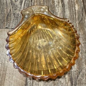 Vintage Carnival Glass Sea Shell Shaped Marigold Iridescent Trinket/Candy Dish